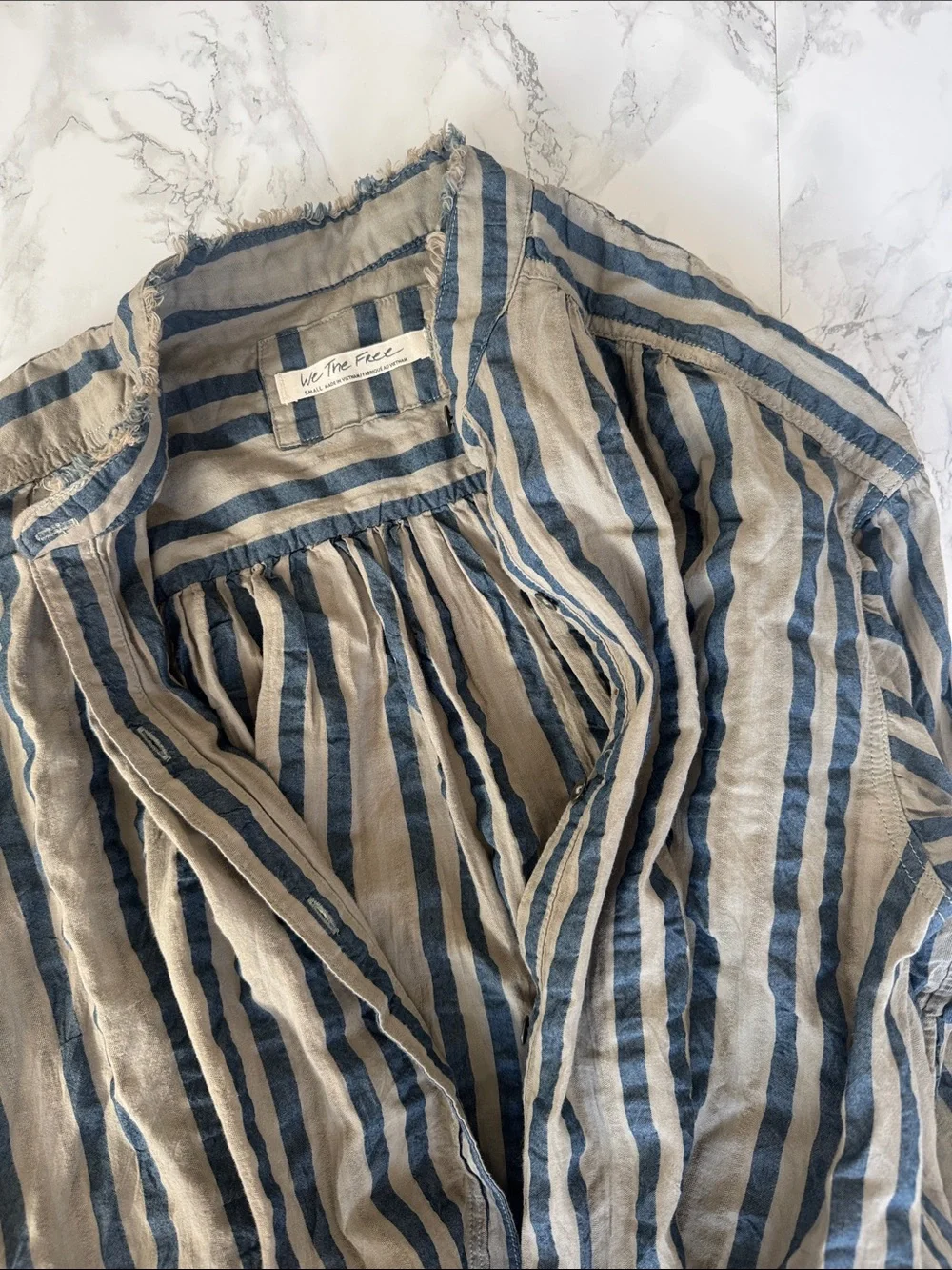 We the Free Set Sail Balloon Sleeve Blouse Size Small Striped Blue Gray